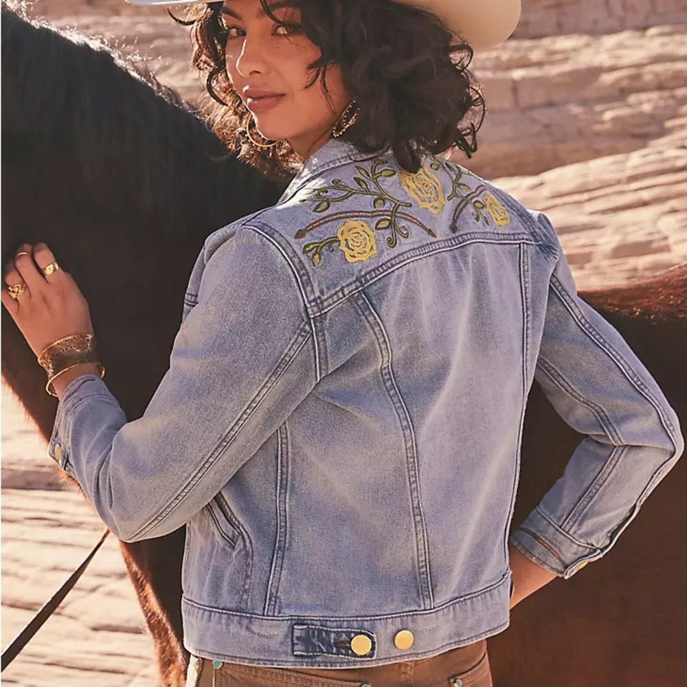 Wrangler Kendra Scott Denim Jacket with Yellow Rose Embroidery